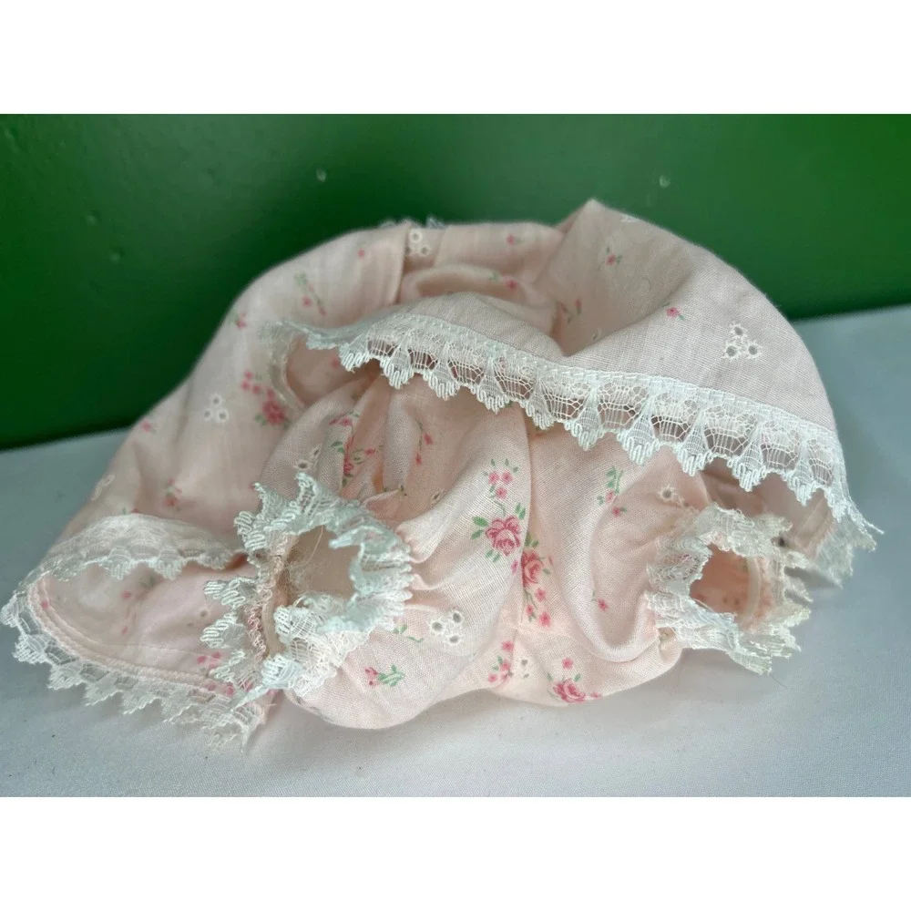 Vintage Porcelain Baby Doll Pink Floral Eyelet Lace Dress Blonde Hair Brown Eyes